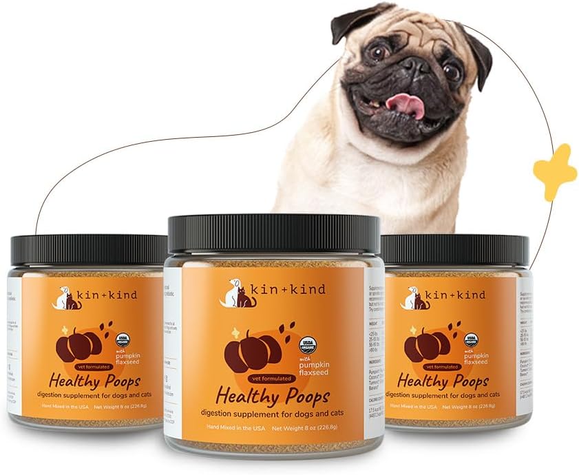 kin+kind Fibre biologique pour chiens et chats - Pumpkin Boost for Healthy Poops - Santé digestive - Graines de lin, gingembre, curcuma et noix de coco - Fabriqué aux États-Unis - Ensemble (3 x 8 oz)