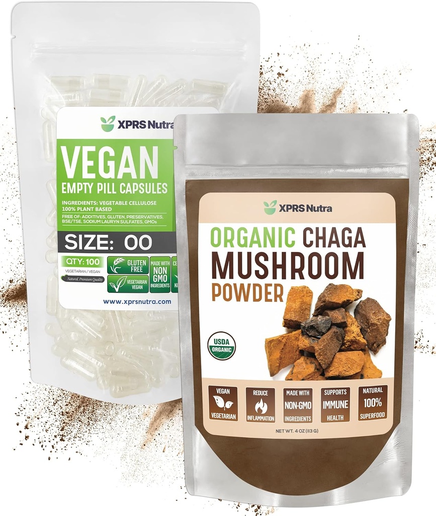 XPRS Nutra poudre de Chaga biologique 4 once avec taille 00 Capsules vides pré-séparées (100 Nombre)