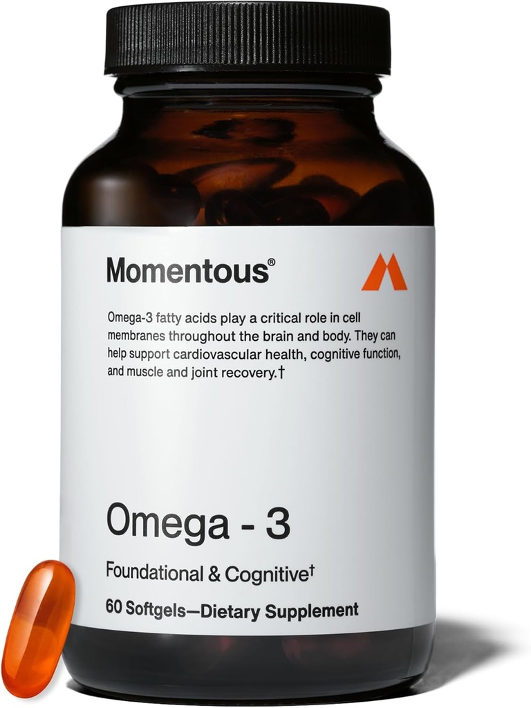 Momentous Omega-3 Fish Oil - Supplément EPA et DHA à haute puissance pour les hommes et les femmes - Soutient la santé cardiaque, articulaire et cérébrale - Certifié NSF pour le sport - Non-OGM - Sans gluten - 1 600 mg - 30 portions