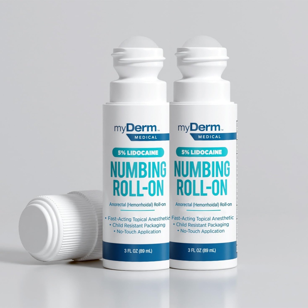 Myderm Medical 5 % Lidocaïne Numbing Roll on - Pack de 2 - pour les douleurs mineures, les éraflures et les troubles hémorroïdaux - Fabriqué aux États-Unis