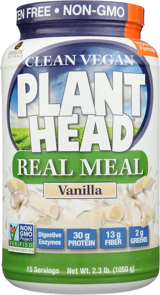 Plant Head Real Meal Bio base de protéines poudre, Vanille - Vegan, faible teneur en glucides nets, non laitiers, sans gluten, sans lactose, sans sucre ajouté, 2,3 livres