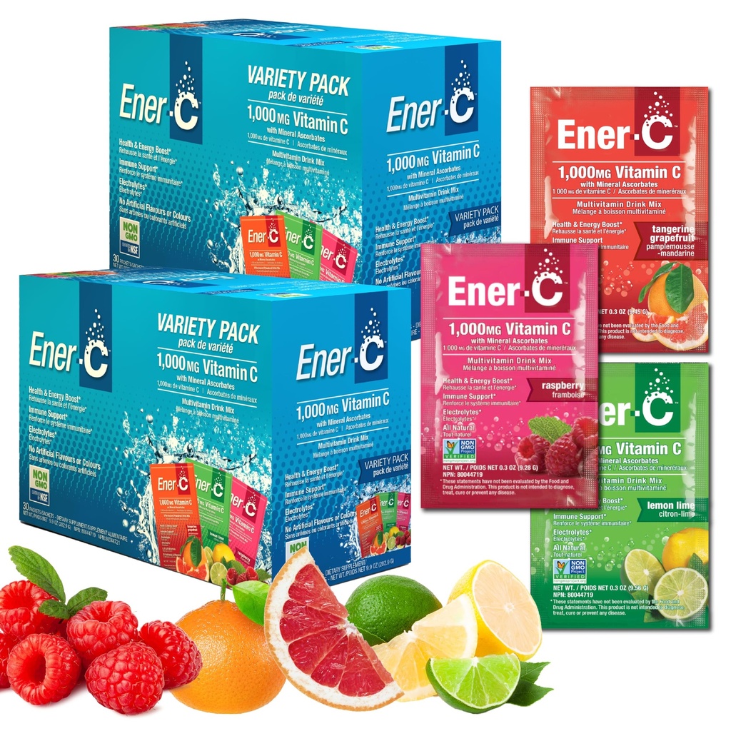 Ener-C Multivitamin Drink Mix - Vitamin Packets for Water, Electrolytes Powder Packets, Vitamin Drink Mix, Hydration Liquid Mix, Immune Booster for Adults, Healthy Energy - Variety Pack, 60 Count