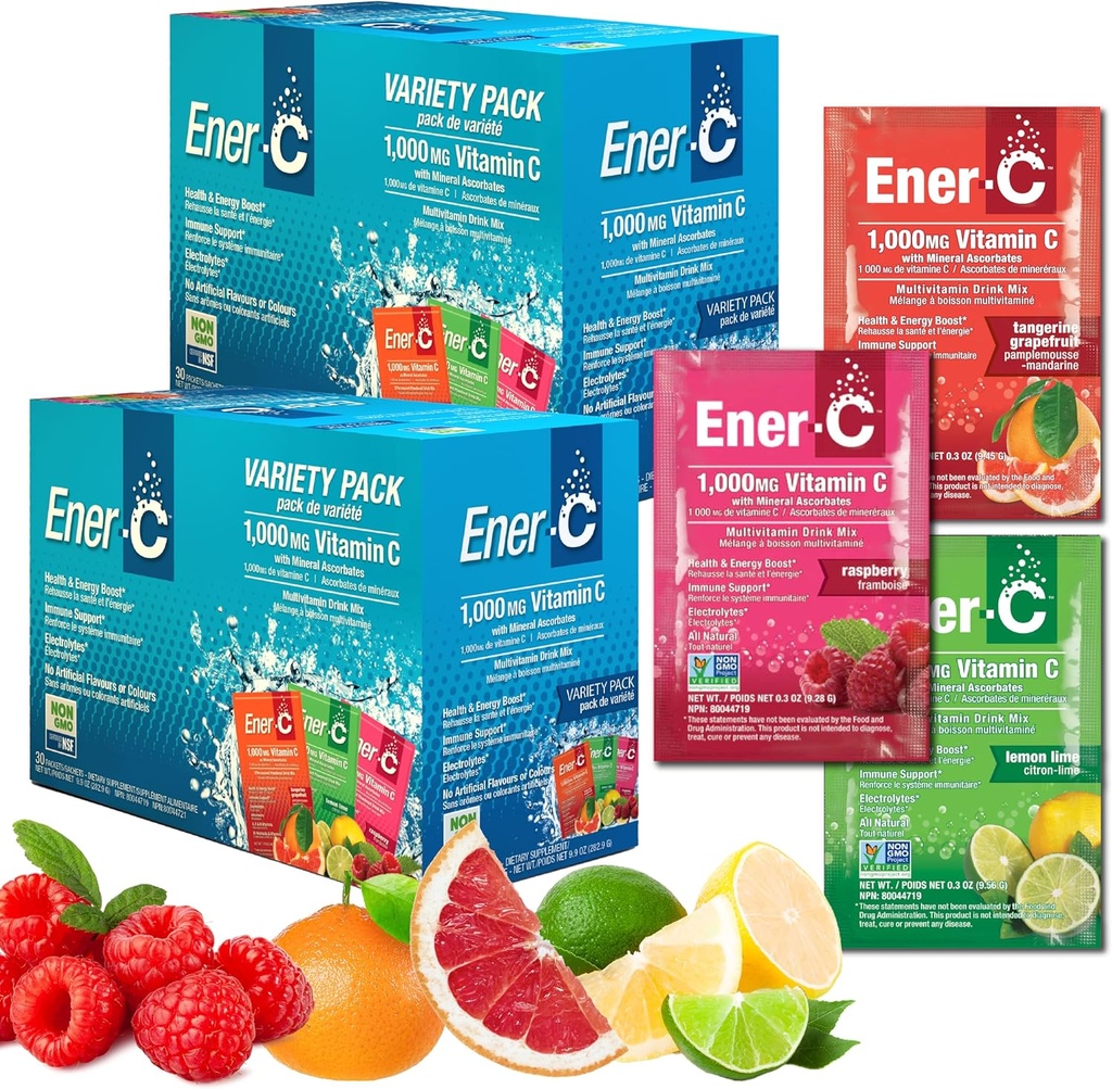 Mélange de boissons multivitamines Ener-C - Packs de vitamines pour l'eau, Packs de poudres d'électrolytes, Mélange de boissons vitaminiques, Mélange liquide d'hydratation, Booster immunitaire pour les adultes, Pack d'énergie saine - Variété, 60 Compte