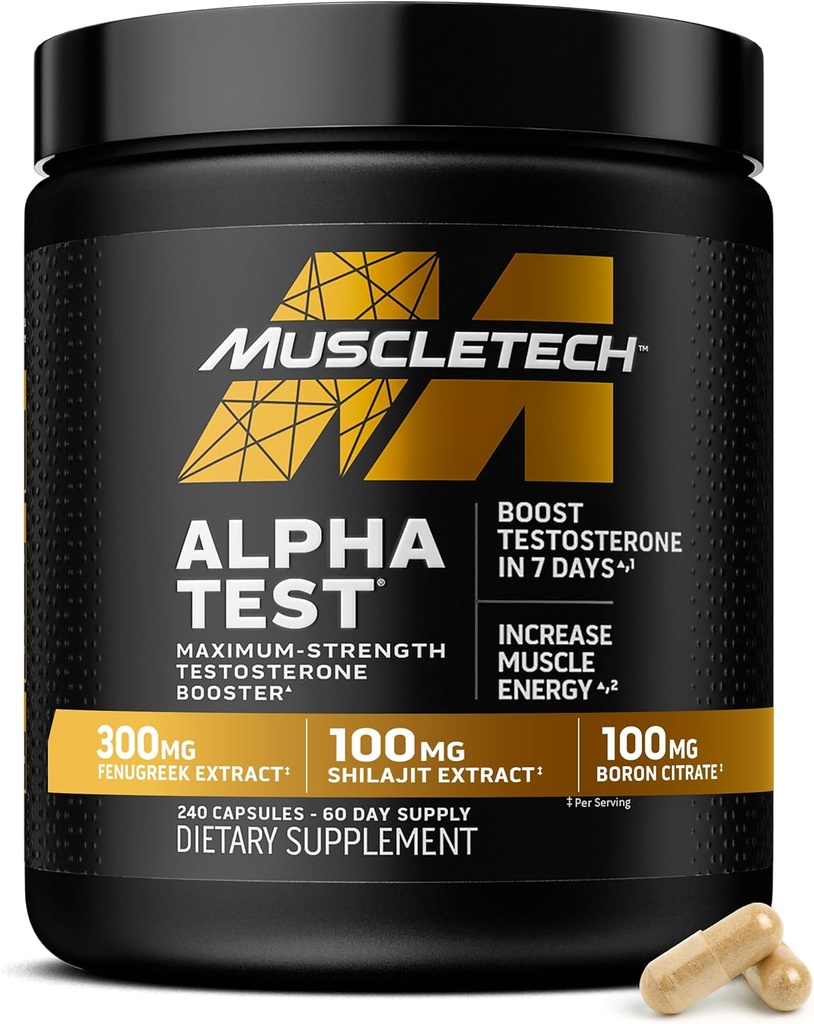 Booster de testostérone MuscleTech pour les hommes, AlphaTest - Supplément homme T-Boost avec Tribulus Terrestris & Boron - Suppléments de gymnastique pour la croissance musculaire, l'endurance et l'énergie - 240 pilules