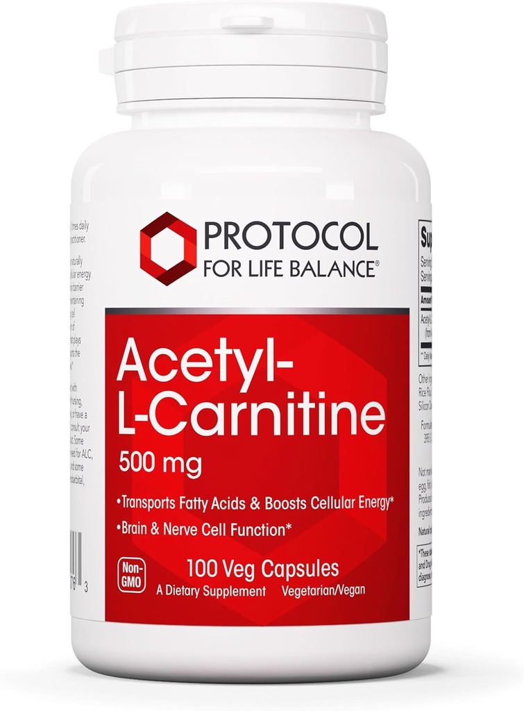 Protocol acétyl-L-Carnitine 500mg - Supplément énergétique, Nerve et soutien du cerveau - 100 capsules de veg