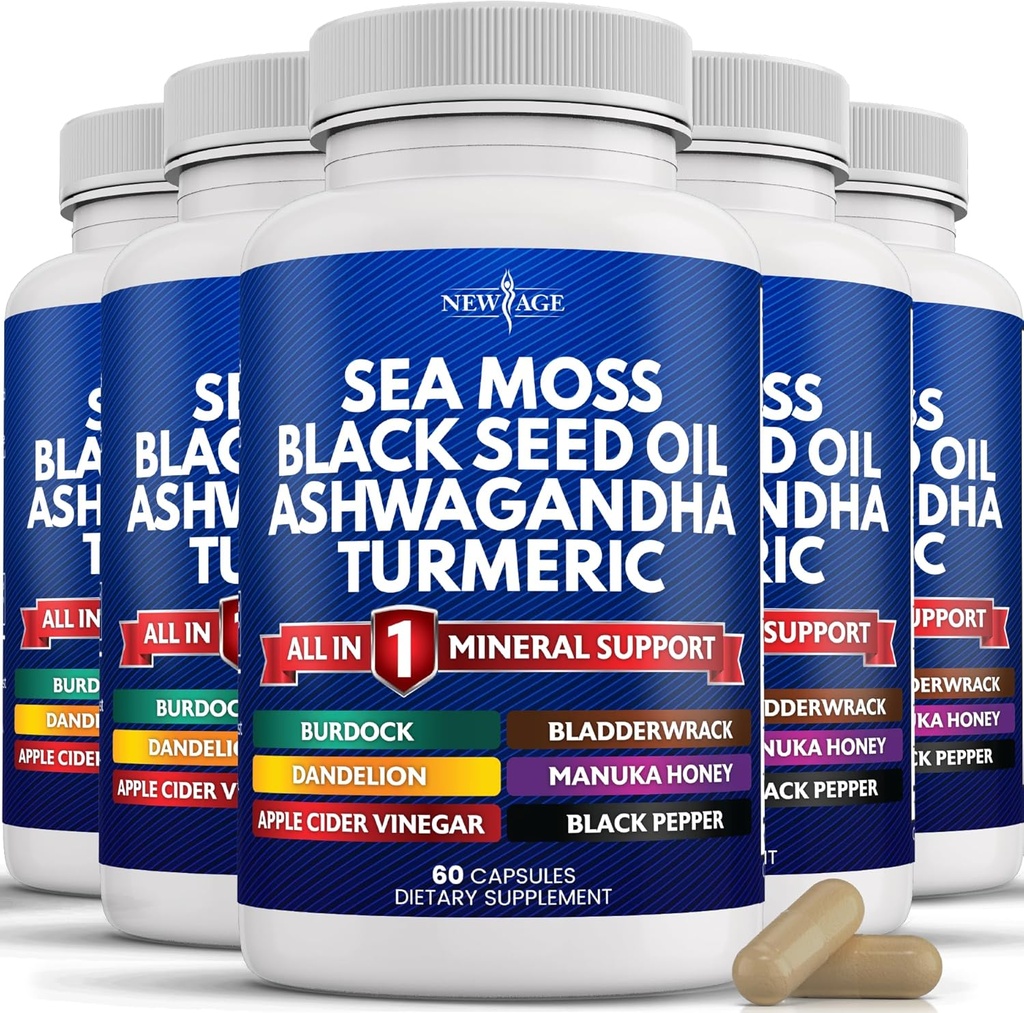 NOUVELLE AGE Sea Moss Black Seed Oil Ashwagandha Turmeric Bladderwrack Burdock - avec Manuka, miel Dandelion, vinaigre de cidre noir sans gluten