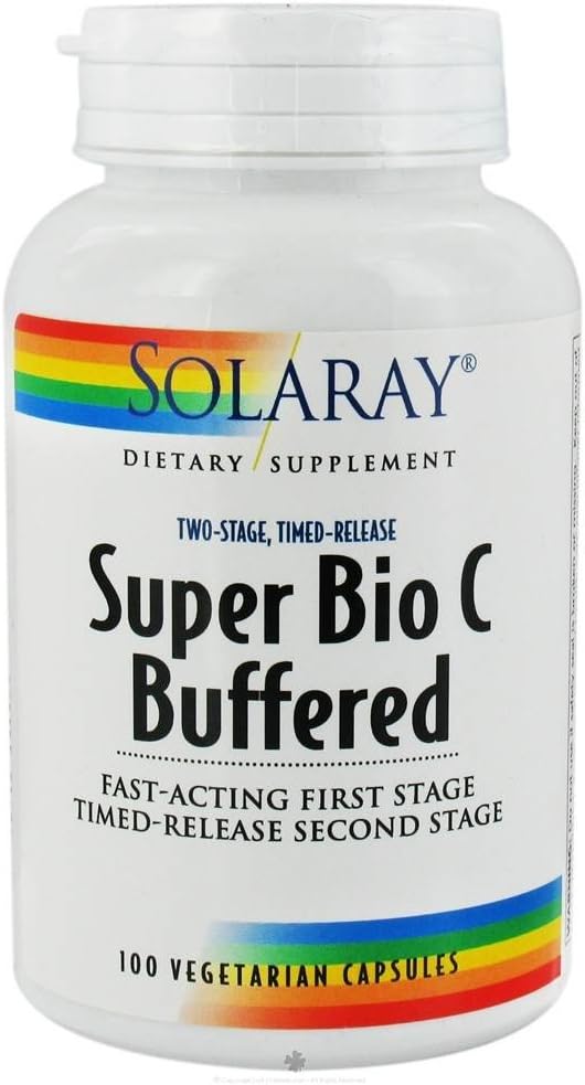 SOLARAY Super Bio Vitamine C 1000mg, Buffered, Capsules de libération dans le temps avec des bioflavonoïdes, deux niveaux pour une absorption élevée et un soutien immunitaire toute la journée, Vegan, garantie de 60 jours, 50 portions, 100 VegCaps