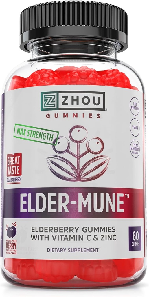 Gummées de baies aînées de Zhou Elder-Mune - Vitamine C et zinc de la baie aînée, supplément quotidien de soutien immunitaire pour les femmes et les hommes, mûre noire naturelle à croquer pour les adultes et les enfants 4 et plus - 60 Gummées