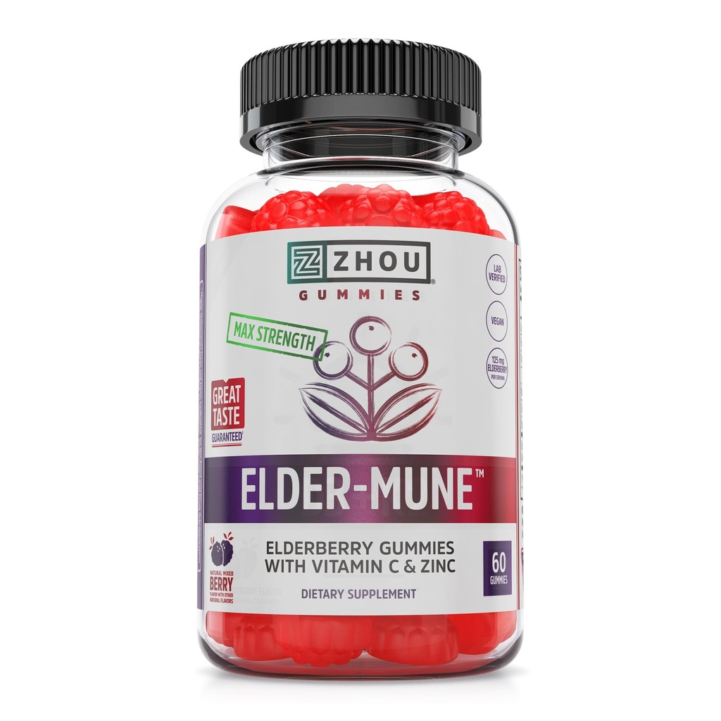 Gummées de baies aînées de Zhou Elder-Mune - Vitamine C et zinc de la baie aînée, supplément quotidien de soutien immunitaire pour les femmes et les hommes, mûre noire naturelle à croquer pour les adultes et les enfants 4 et plus - 60 Gummées