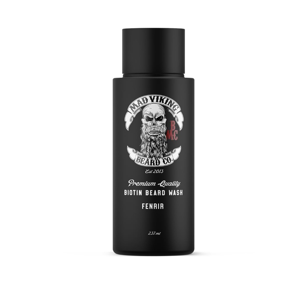 Mad Viking Fendrir Biotin Laver les barbes - Nettoyer hydratant - Faire pousser une barbe saine - Fait avec des ingrédients de qualité supérieure pour combattre les démangeaisons et les pellicules - Bourbon, Neroli, Rhum et parfum de tabac, Fait aux États-Unis - 8oz