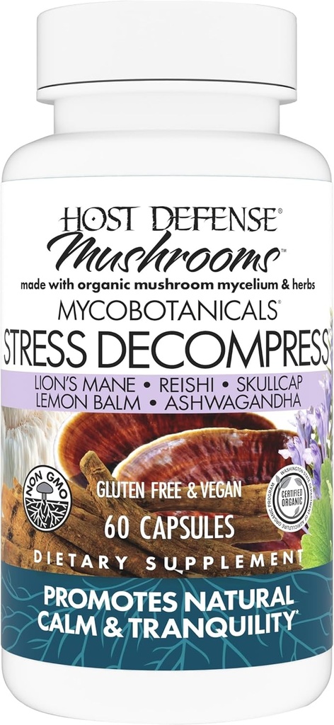 Défense de l'hôte MycoBotanicals Stress Decompress* Capsules - Supplément de champignons avec baume de citron et racine d'Ashwagandha - avec Reishi, Lion's Man & Skullcap - 60 capsules (30 portions)*