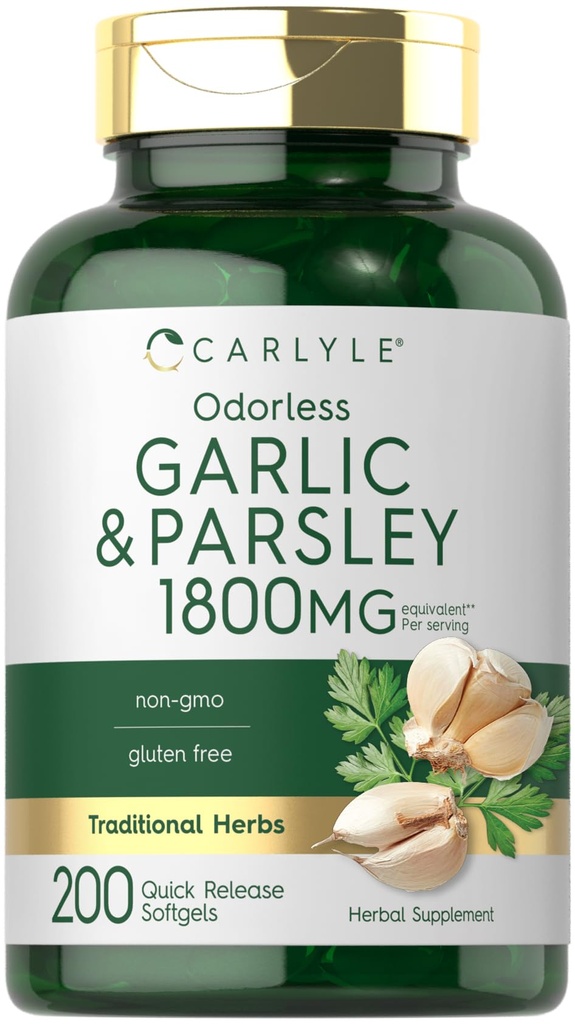 Carlyle Sans odorat Ail et persil 1800mg , 200 Softgels , Supplément sans gluten
