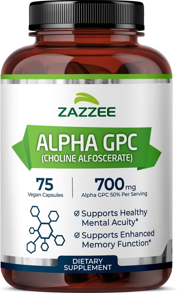 Zazzee Extra Strength Alpha GPC Choline, 700 mg par portion, 75 capsules véganes, 100% de qualité pharmaceutique pure, 100% végétarien, standardisé pour la puissance et la pureté, tout naturel et non-OGM
