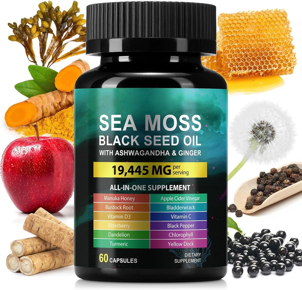 Sea Moss 3000mg Black Seed Oil Capsules 2000mg Ashwagandha Suppléments 1000mg Bladderwrack Turmeric Burdock & Vitamine C & D3 Manuk Honey Dandelion Jaune Dock Chlorophyll ACV