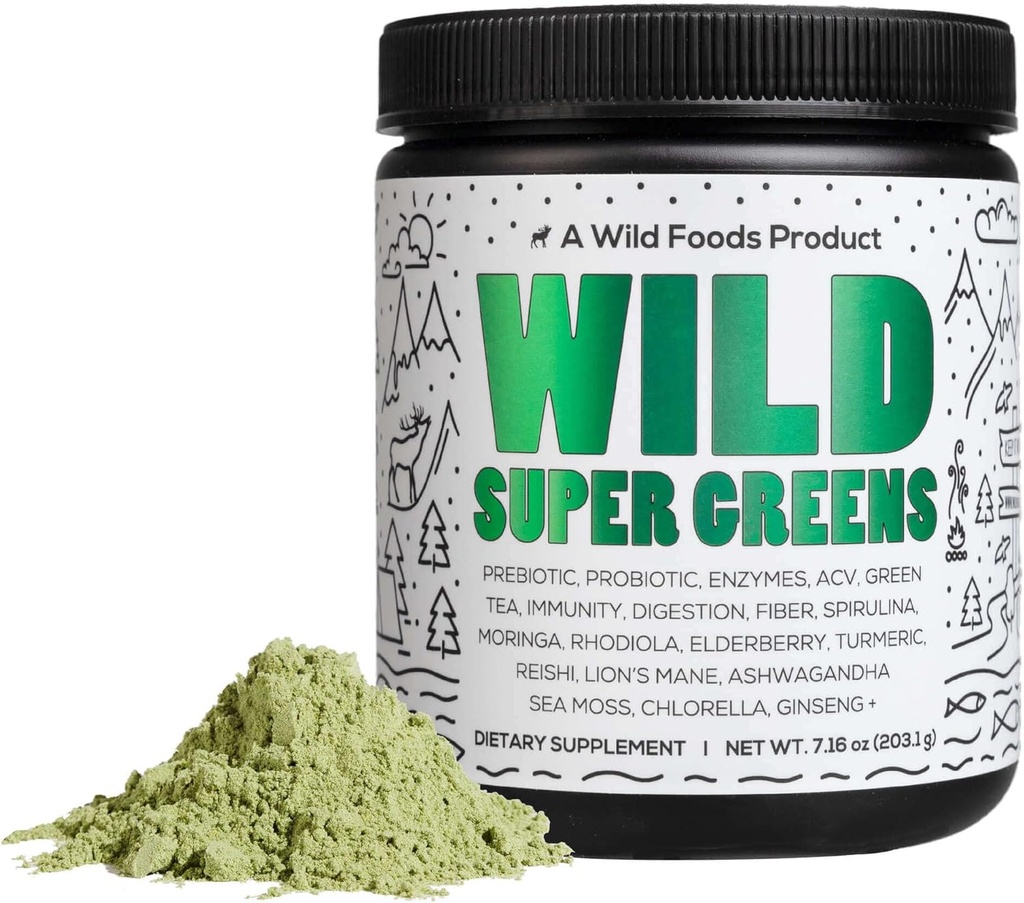 Nourriture sauvage Poudre crue Super Greens Boissons quotidiennes de jus avec probiotiques et mélange d'enzymes digestives - aliments entiers, 46 nutriments à base végétale, non OGM, spiruline, Chlorella, Blégrass (30 portions)