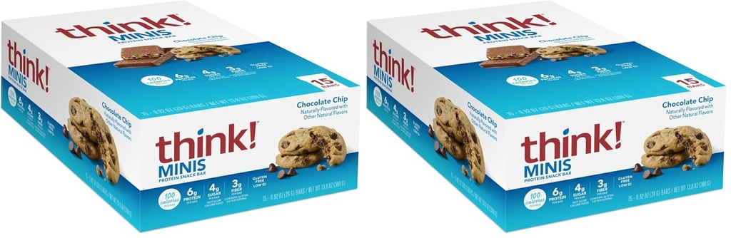 Réfléchis ! Barres de snack de protéines MINIS, sans gluten, croustilles de chocolat, 15 Nombre (paquet de 2)