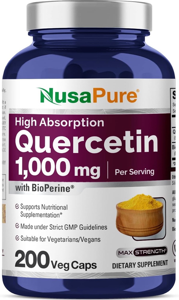 NusaPure Quercetin 1000mg - 200 Veggie Caps (non-OGM, végétalien, végétarien) Biopérine