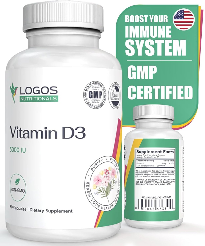 Supplément vitamine D3 - Vitamine D-5000 UI - Soutenir les os, les dents, les muscles, la fonction cardiovasculaire et immunitaire - Sans lait, sans soja - 60 capsules