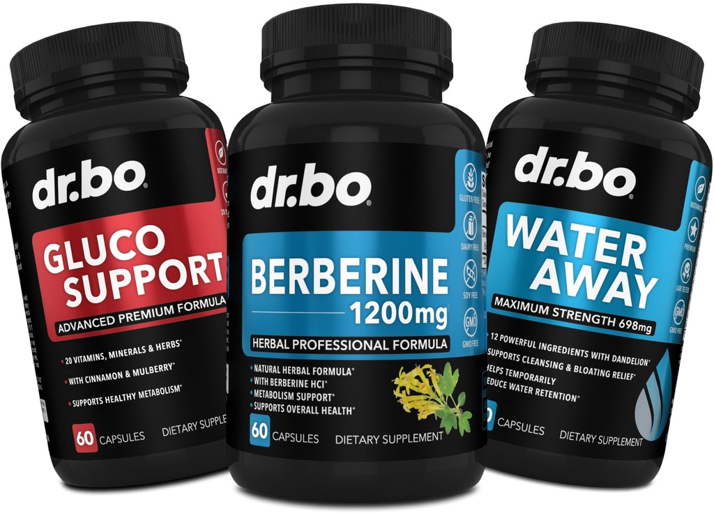 DR. BO Berberine supplément Métabolisme Support et pilules d'eau - 1200mg Berberine HCL supplément pour un soutien métabolique sain - Premium HCL 600mg par gélule et pilules d'eau rétention des diurétiques