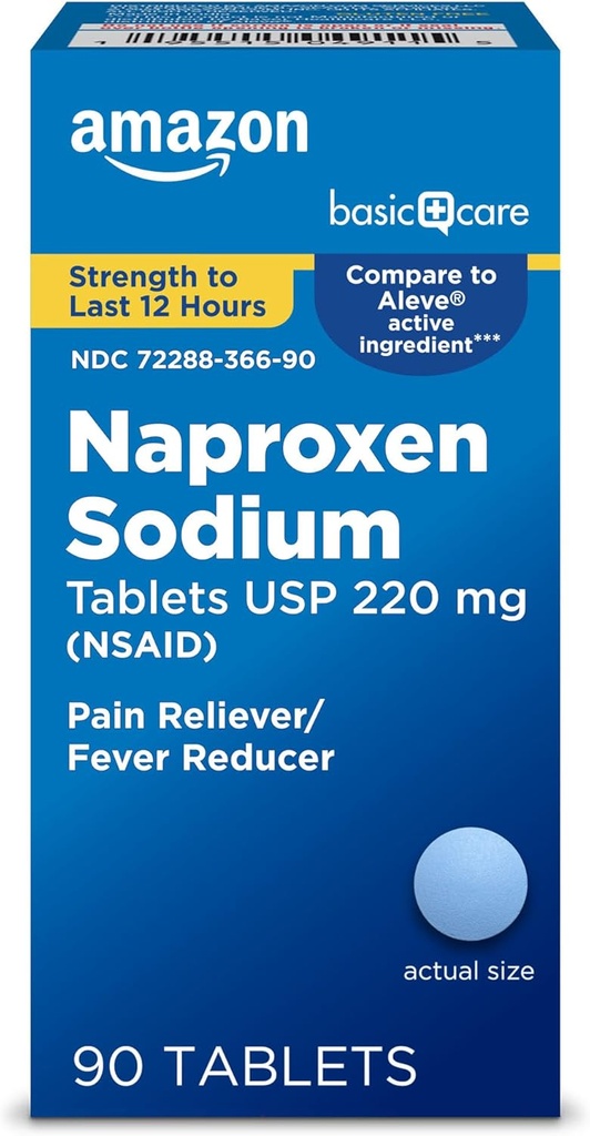 Soins de base Naproxen Caplets de sodium 220 mg, réducteur de fièvre de 12 heures (AINS) et analgésique pour les douleurs musculaires, maux de dos, maux de tête, de dents, arthrose mineure, 90 Compte (emballage peut varier)