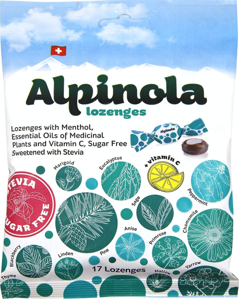 Alpinola Lozenges, Mentol, 20 herbes et vitamine C, Stevia sans sucre, 17 comte
