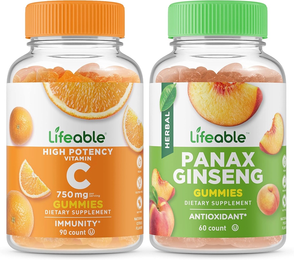 Vitamine vivante C 750mg + Ginseng Panax, Gommies - Grande dégustation, supplément de vitamine, sans gluten, sans OGM, gommy à croquer