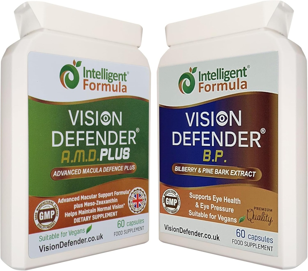 Vision Defender A.M.D. Plus & BP Eye Care Bundle – Suppléments oculaires avancés avec AREDS2 (Lutéine, Zeaxanthin, Vitamine C & E, Cuivre, Zinc), Plus Meso-Zeaxanthin, Bilberry, Pine Bark. Fabriqué au Royaume-Uni