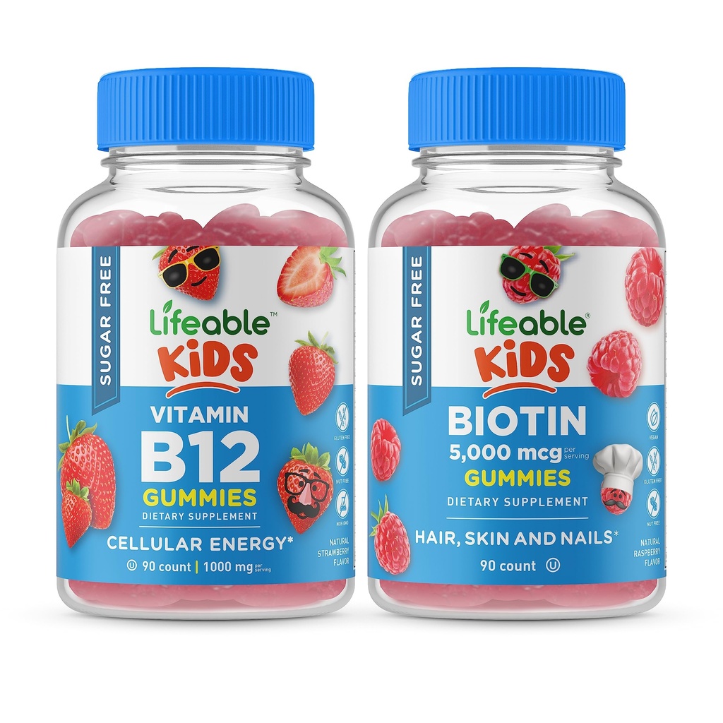 Vitamine sans sucre biologique B12 Enfants + Fibres préciotiques Enfants, Gummies Bundle - Grande dégustation, supplément de vitamine, sans gluten, sans OGM, Gummy à croquer