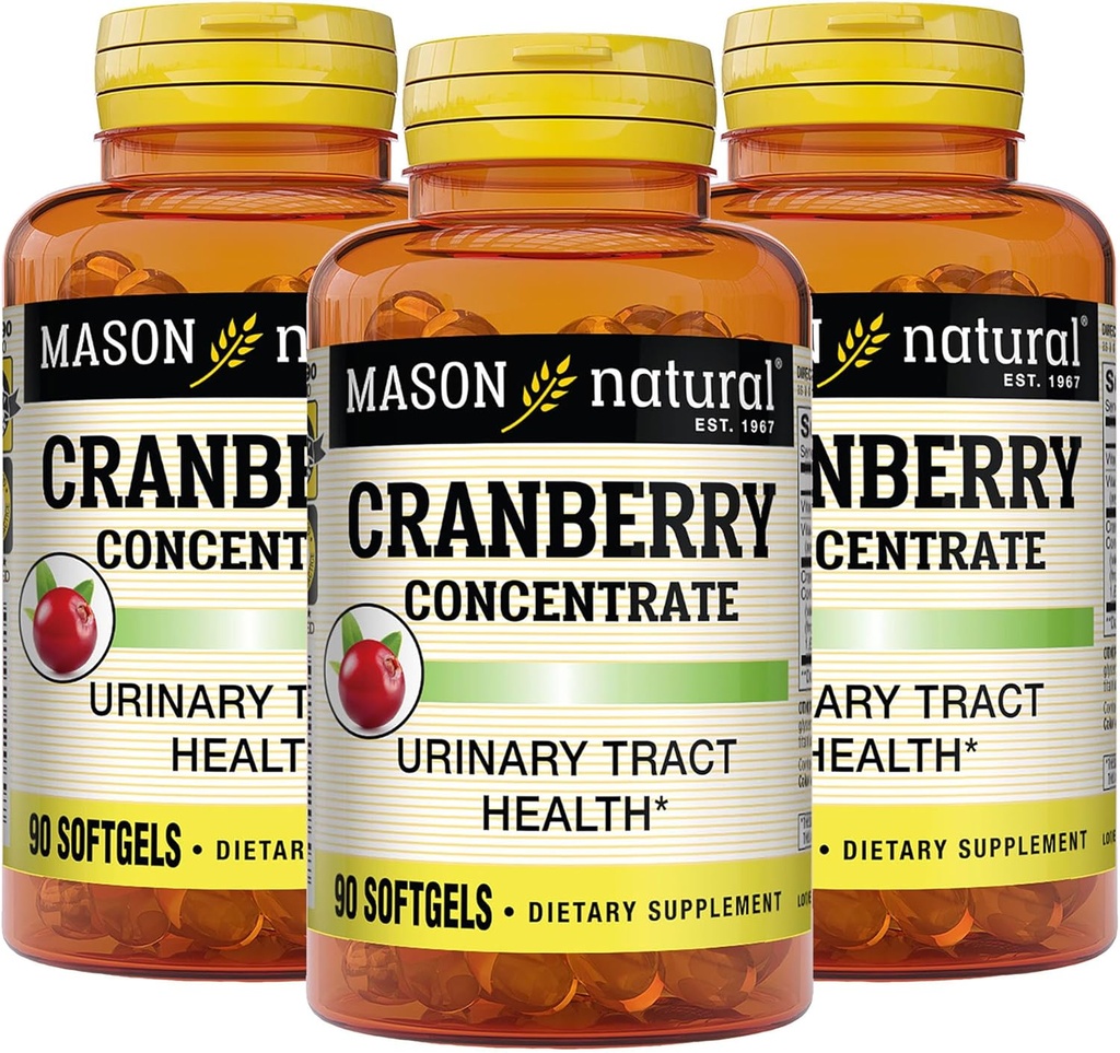 MASON NATURAL canneberge 12:1 Concentré avec la vitamine C & E, soutient la santé immunitaire et urinaire, 90 capsules, boîte de 3
