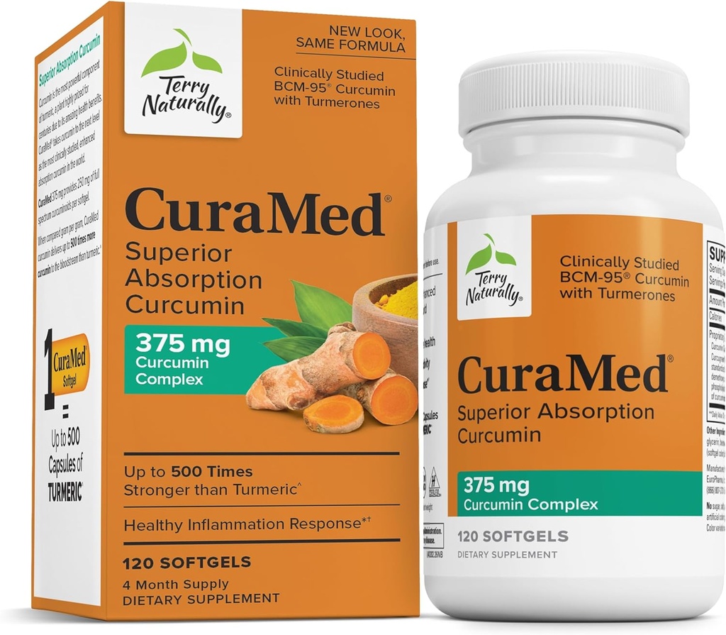 Terry naturellement CuraMed 375mg - Supplément antioxydant pour le cerveau et le soutien de la santé immunitaire - Supplément diététique avec Curcumine et huile essentielle curcumine - soutien du foie à base de plantes - 120 Softgels