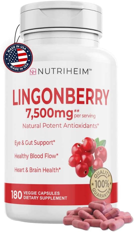Poudre de lingonberry 7500mg pour le trac urinaire, la circulation sanguine, la santé des intestins, la santé des yeux, le soutien antioxydant - Pure 5:1 et 180 capsules de légumes - Non-OGM, sans gluten, supplément végétalien-friendly