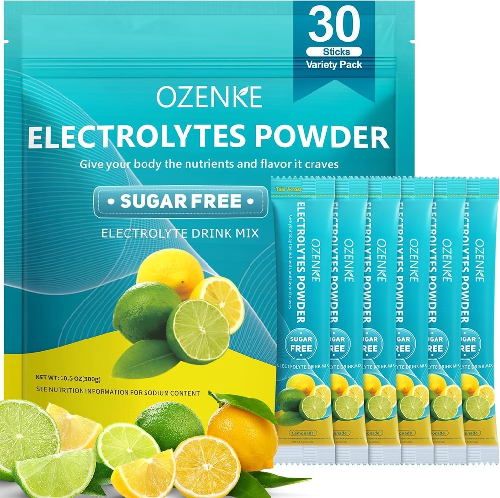 Electrolytes Packets en poudre,30 bâtons Packets d'hydratation Sans sucre, Mélange de boissons électrolytes Portables Packets d'électrolyte pour une hydratation rapide, 0 sucre et 0 calories, Saveur de citron