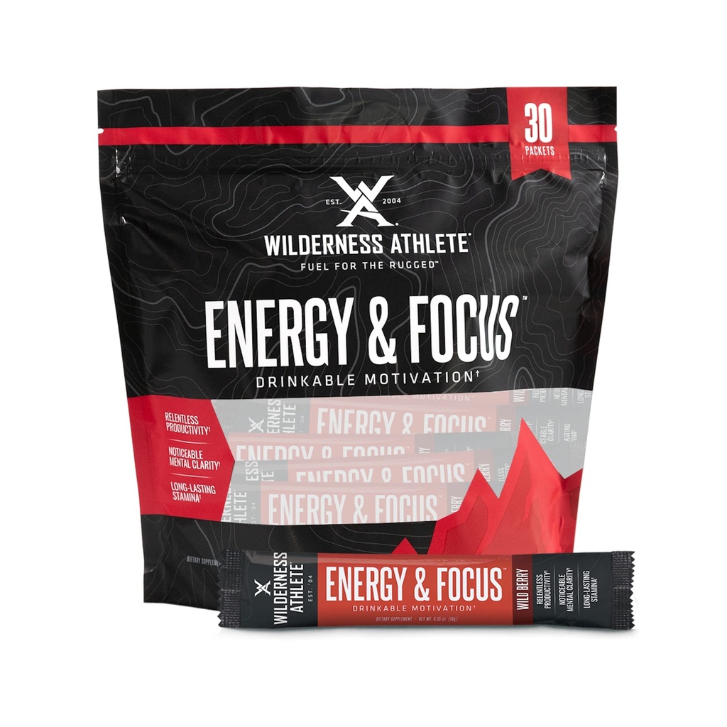 Athlète Wilderness - Energy & Focus - Energy Booster pour les femmes et les hommes - Energy Drink Mix avec de la caféine naturelle - Low-Carb, Zero Sugar Energy Drink Powder - 30 Serving Energy Drink Packets (Wild Berry)