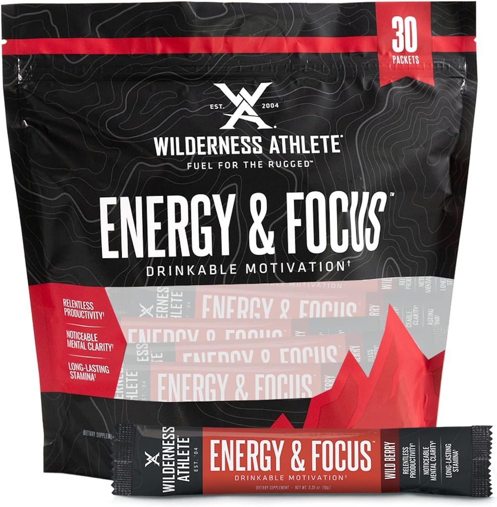 Athlète Wilderness - Energy & Focus - Energy Booster pour les femmes et les hommes - Energy Drink Mix avec de la caféine naturelle - Low-Carb, Zero Sugar Energy Drink Powder - 30 Serving Energy Drink Packets (Wild Berry)
