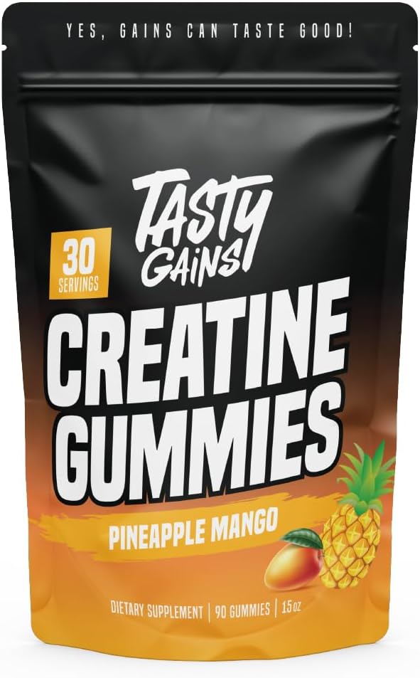 GAINS TASTY Gommies de créatine - 90g de créatine monohydraté - Suppléments d'entraînement - Bâtir la force musculaire et boost pour les hommes et les femmes - Fabriqué aux États-Unis - Non OGM - Vegan Friendly (Grande, Mangue des ananas)