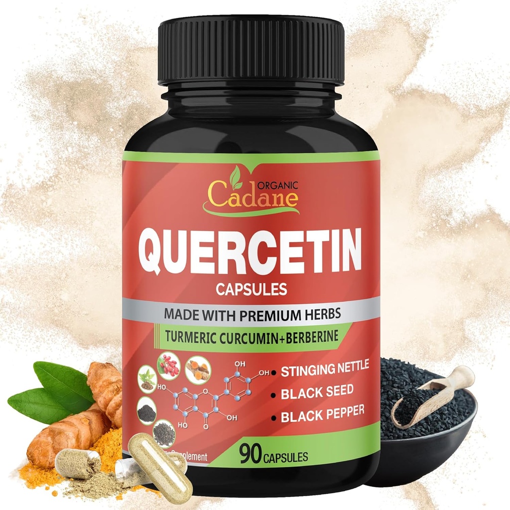 Capsules d'extraits biologiques de Cadane Quercetin, 90capsules, 3 mois d'approvisionnement avec Quercetin, Curcumine curcuma, Berbérine, Bouilloire, poudre de graines noires, poivre noir.