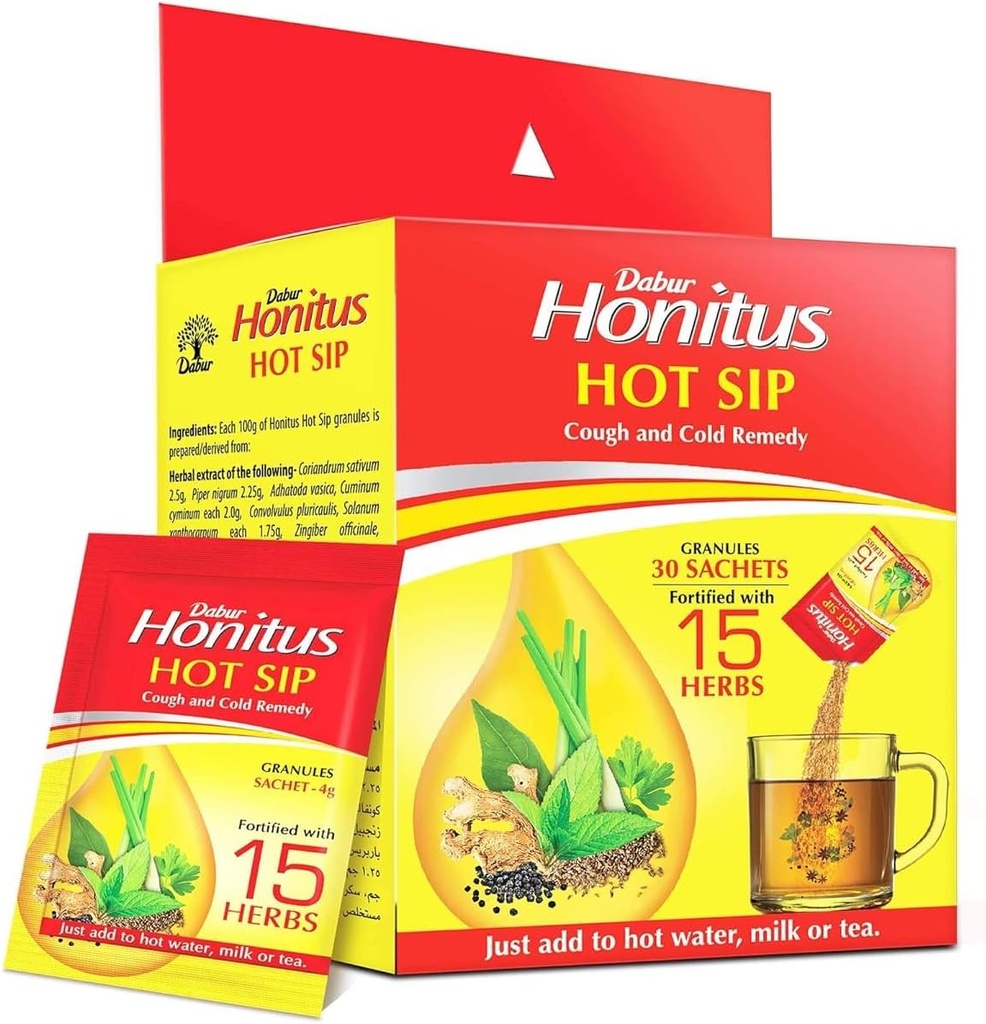 OTAA Honitus Hot Sip, Médicament, 30 sachets (4g x 30), Ayurvedic Kadha, Soulagement instantané de la toux, Gorge froide, Mal, Booster d'immunité naturelle, Mélange unique de 15 herbes Pack de 15