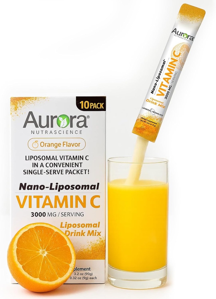 Aurora Nutrascience Nano-Pack Mélange de boisson en poudre de vitamine C liposomique, soutien immunitaire, haute résistance 3 000 mg par portion 10 paquets à usage unique, orange
