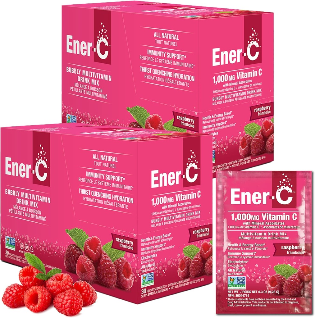 Mélange de boissons multivitamines Ener-C - Paquets de vitamines pour l'eau, Paquets de poudre d'électrolytes, Mélange de boissons vitaminiques, Mélange liquide d'hydratation, Améliore pour adultes, Énergie saine - Framboise, 60 Compte