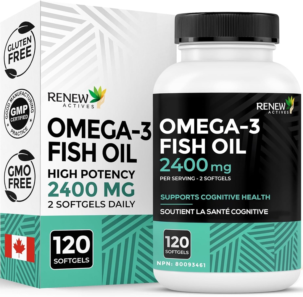 Renouveler les actifs Oméga-3 Huile de poisson 2400MG par 2 Softgels - 720MG EPA & DHA - Soutient la réduction du cœur, du cerveau, de la santé des yeux et des triglycérides - Aucun arrière-goût de poisson - Fabriqué au Canada - 120 Softgels