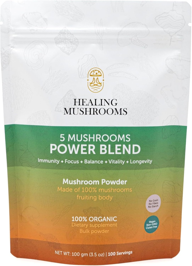 5 Champignons Power Bland, poudre biologique avec Lions Mane, Reishi, Cordyceps, Turkey Tail, Chaga. 100 grammes