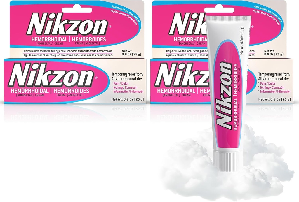 Nikzon Crème hémorrrroïde à double effet pour la douleur et l'enflure, Numbs Zone anorectale irritée, Formule apaisante et à action rapide, Traitement hémorrrroïde à double action, 0,9 Oz, 2-Pack