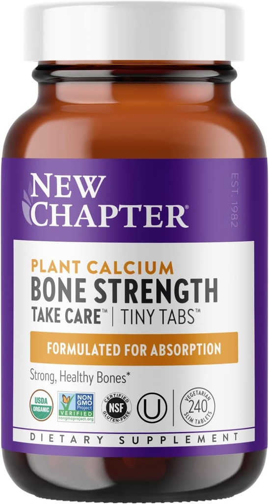 Nouveau chapitre Supplément de calcium - Onglets minces de résistance aux os Calcium organique avec magnésium, vitamine D3+K2, 70+ minéraux traces pour la santé des os, sans gluten, facile à avaler - 240 ct