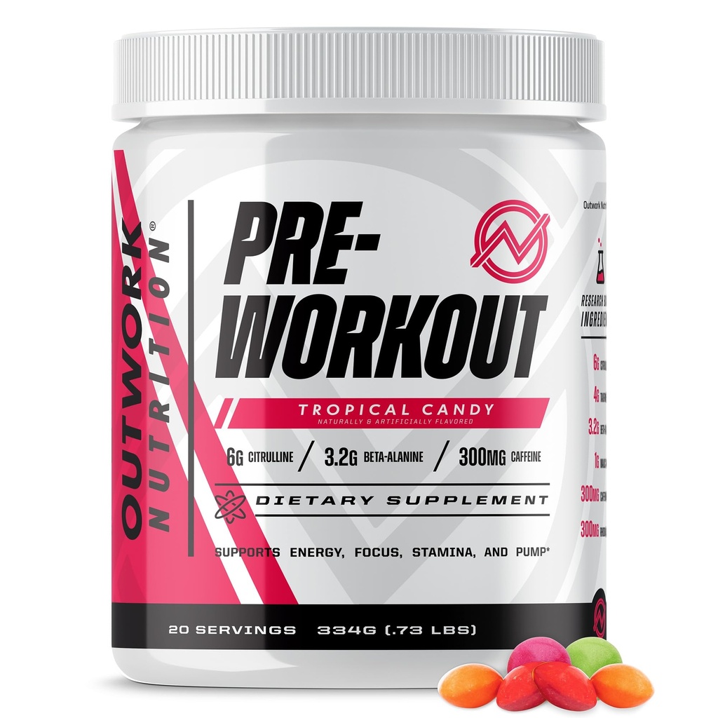 Outwork Nutrition Preworkout pour les hommes et les femmes - Nootropic Pre Workout Without Creatine, pré-workout poudre avec Taurine Rhodiola Citrulline Malate Beta Alanine Caféine (Candy Tropical)