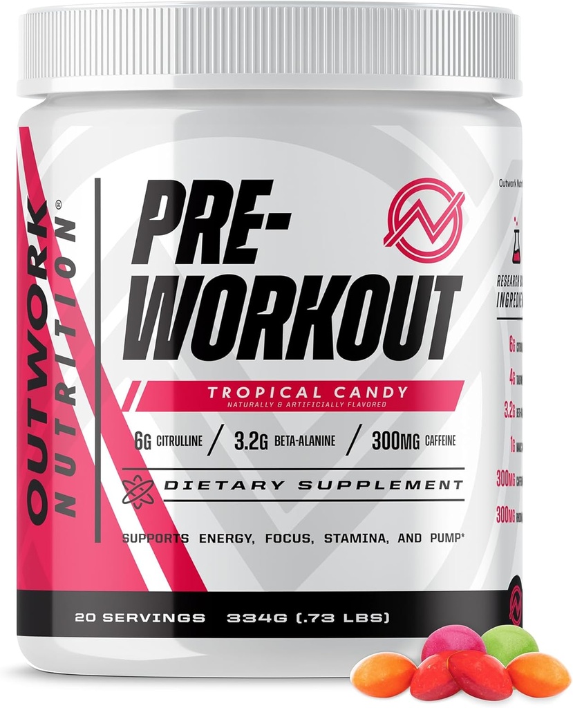 Outwork Nutrition Preworkout pour les hommes et les femmes - Nootropic Pre Workout Without Creatine, pré-workout poudre avec Taurine Rhodiola Citrulline Malate Beta Alanine Caféine (Candy Tropical)