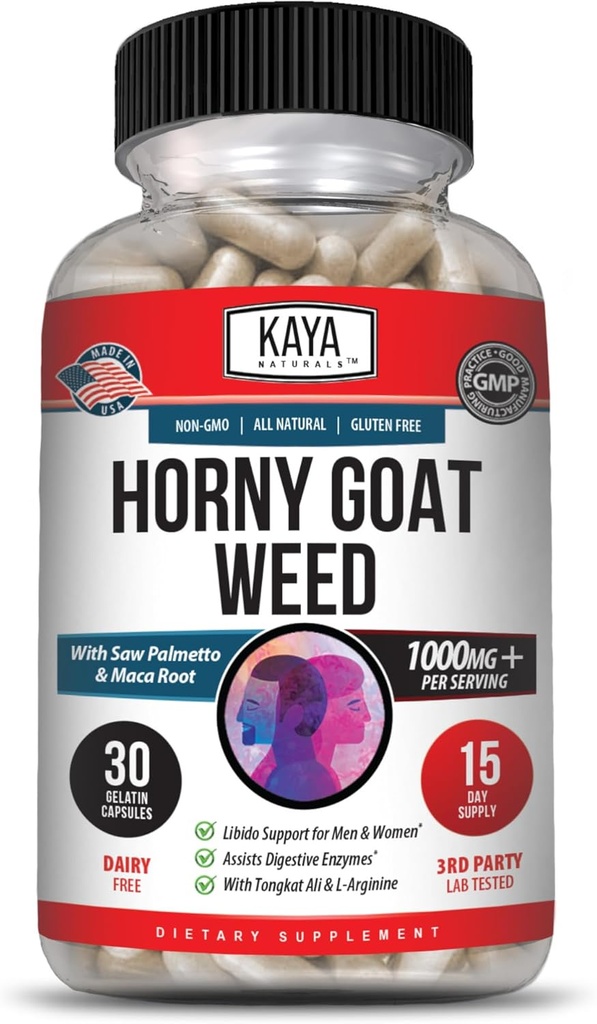 Kaya Naturals Wead Horny Goat pour les hommes et les femmes - 1560mg Complexe avec Maca, Saw Palmetto, Ginseng, supplément de vitamine Arginine - Horny Goat Weed - 30 Comte