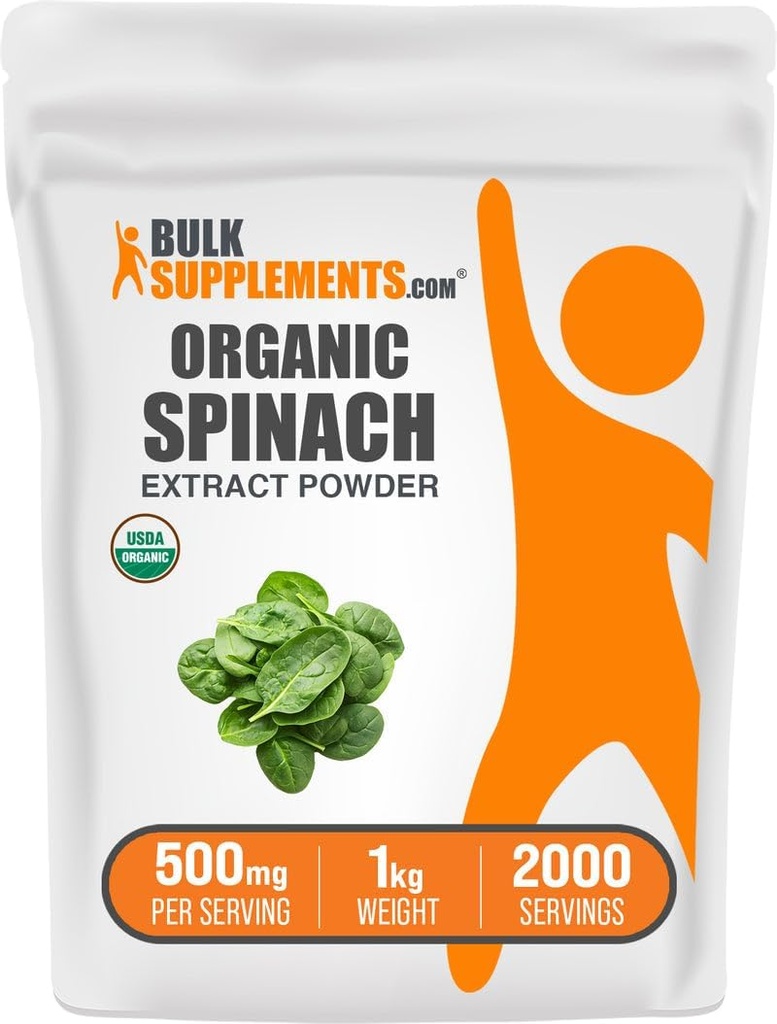 BulkSupplements.com Poudre d'extrait d'épinards organiques - Poudre d'épinards organiques de l'extrait de feuille, supplément à base de plantes - sans gluten, 500mg par portion, 1kg (2,2 lb) (paquet de 1)