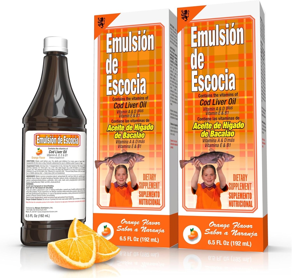 Emulsión de Escocia Complexe d'huile de foie de morue aux vitamines A, D, E, B1 - Supplément alimentaire naturel orange pour le soutien immunitaire et la santé des os - Huile essentielle de poisson Omega 3 - 6,5 oz (2-pack)