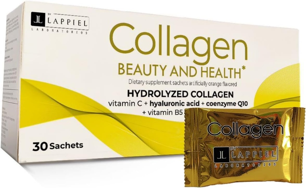 Peptides de collagène hydrolysés 30 emballages en poudre avec vitamine C (1000mg) et acide hyaluronique, qui soutient cheveux, peau, ongles et articulations, saveur orange, 30 portions
