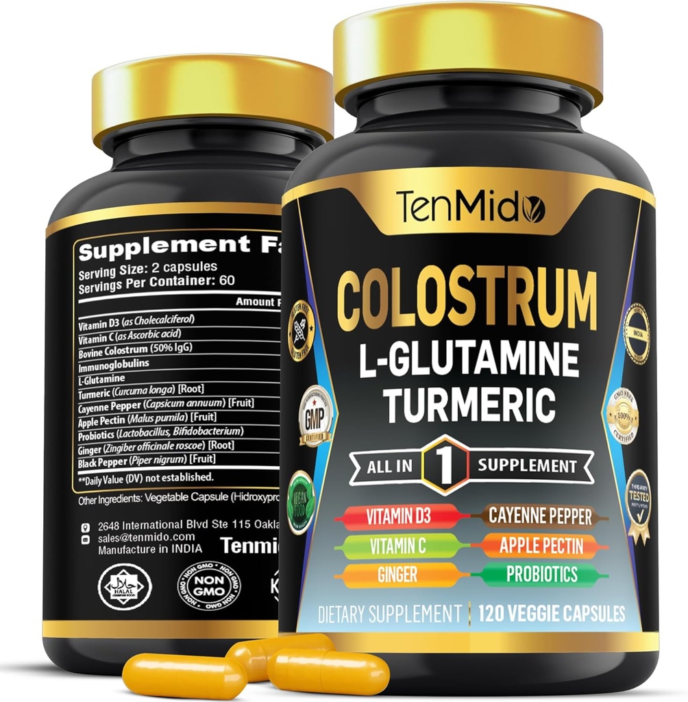 Supplément colostrum - Formule 10in1 - Combiner avec la L- glutamine, le curcuma, le poivre Cayenne, la pectine de pomme, les probiotiques, le gingembre et plus - Santé digestive, soutien immunitaire - 120 capsules